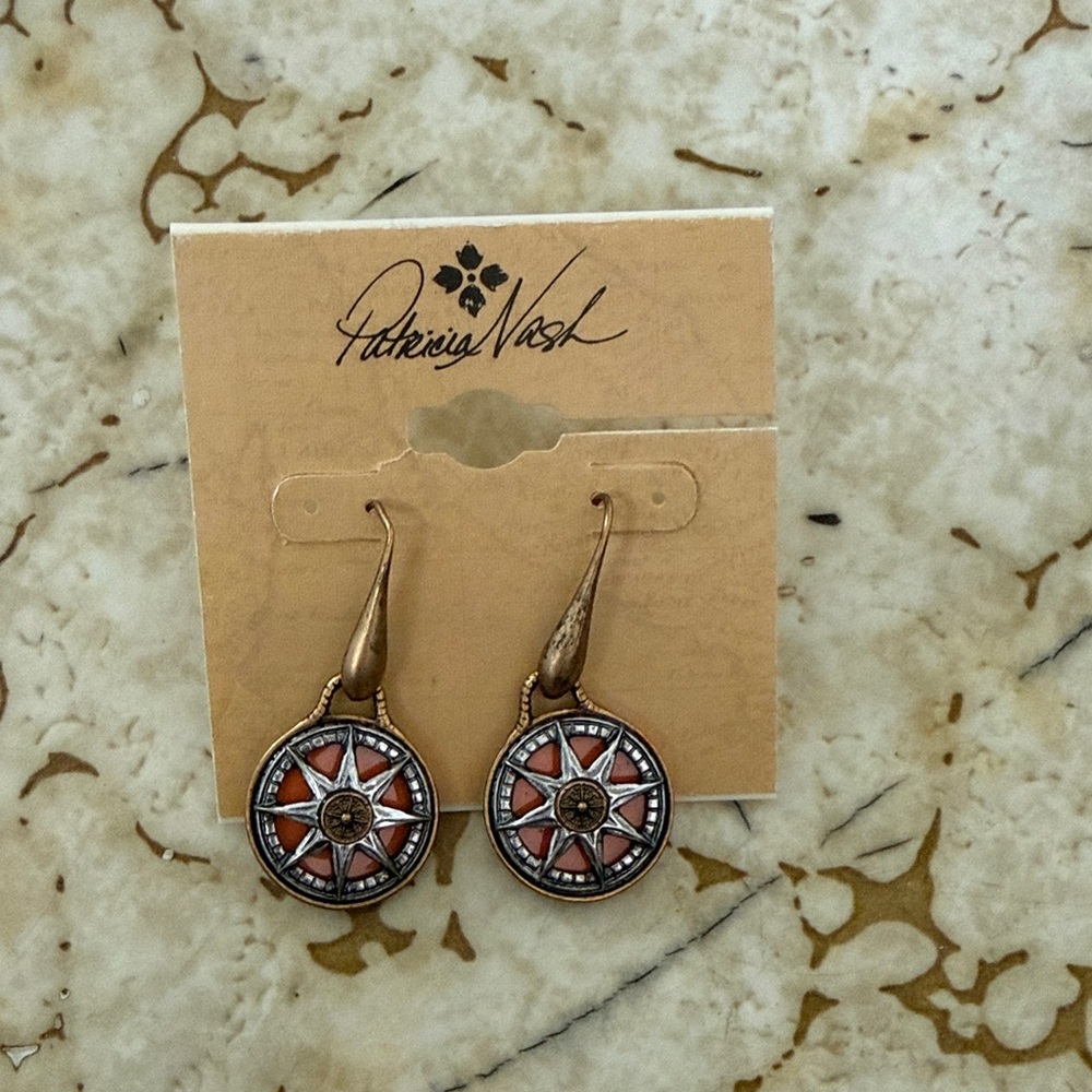 Patricia Nash Coral and Antique Gold Compass Dangle Earrings NWT